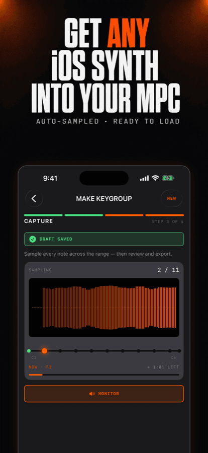 Samplomatic running on iPhone, sampling an iOS synth into a keygroup program