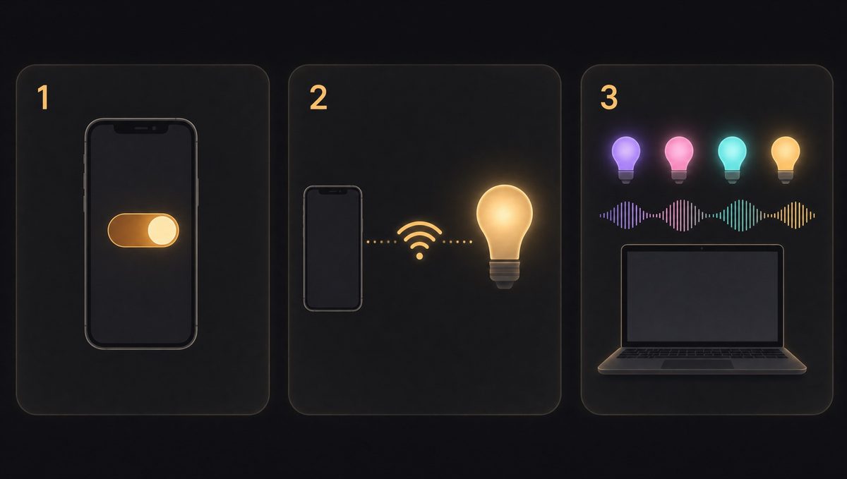 Three panels. One: a phone with a switch turned on. Two: a phone and a glowing bulb joined by Wi-Fi. Three: four colored bulbs above a sound wave and a laptop.