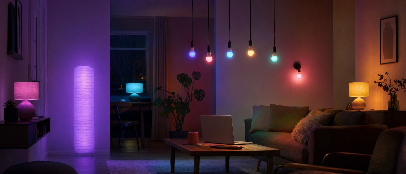 A dim living room at night. Five bare bulbs hang over a sofa and one glows on the wall, each a different color: purple, pink, blue, gold, green and coral.
